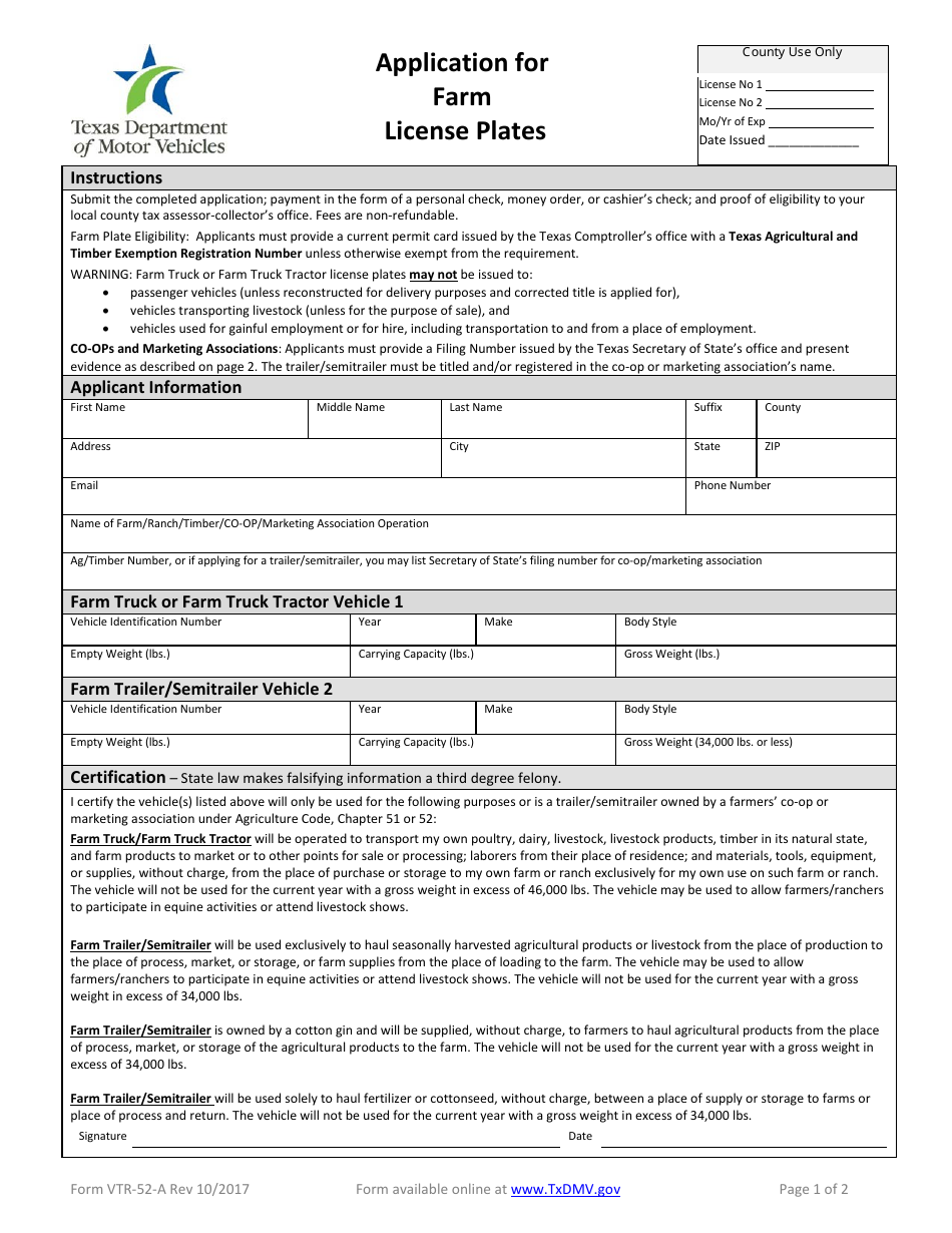 Form VTR-52-A Application for Farm License Plates - Texas, Page 1