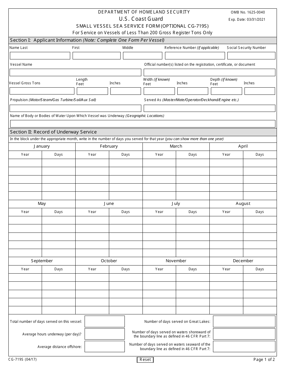 Form CG-719S Small Vessel Sea Service Form, Page 1