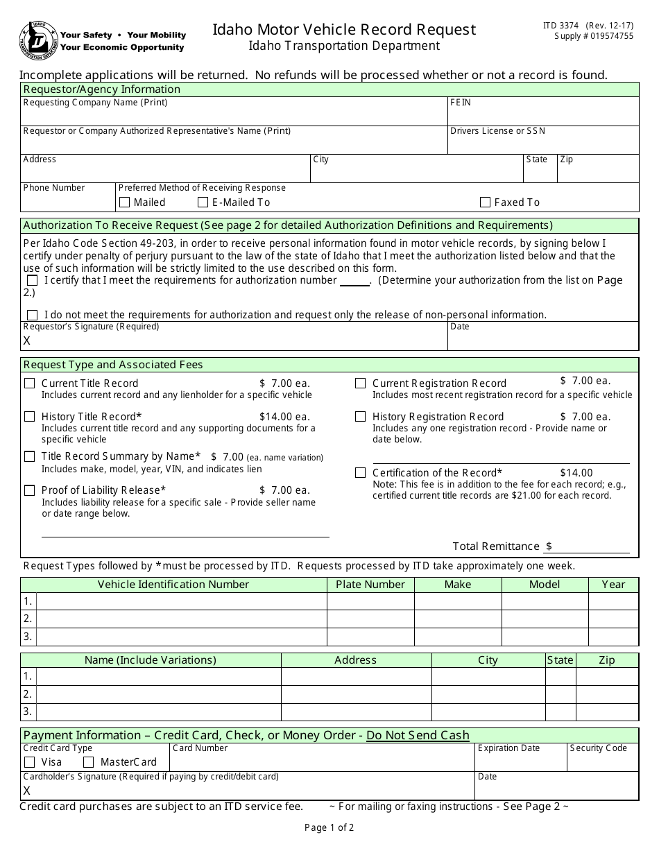 Form ITD3374 Idaho Motor Vehicle Record Request - Idaho, Page 1