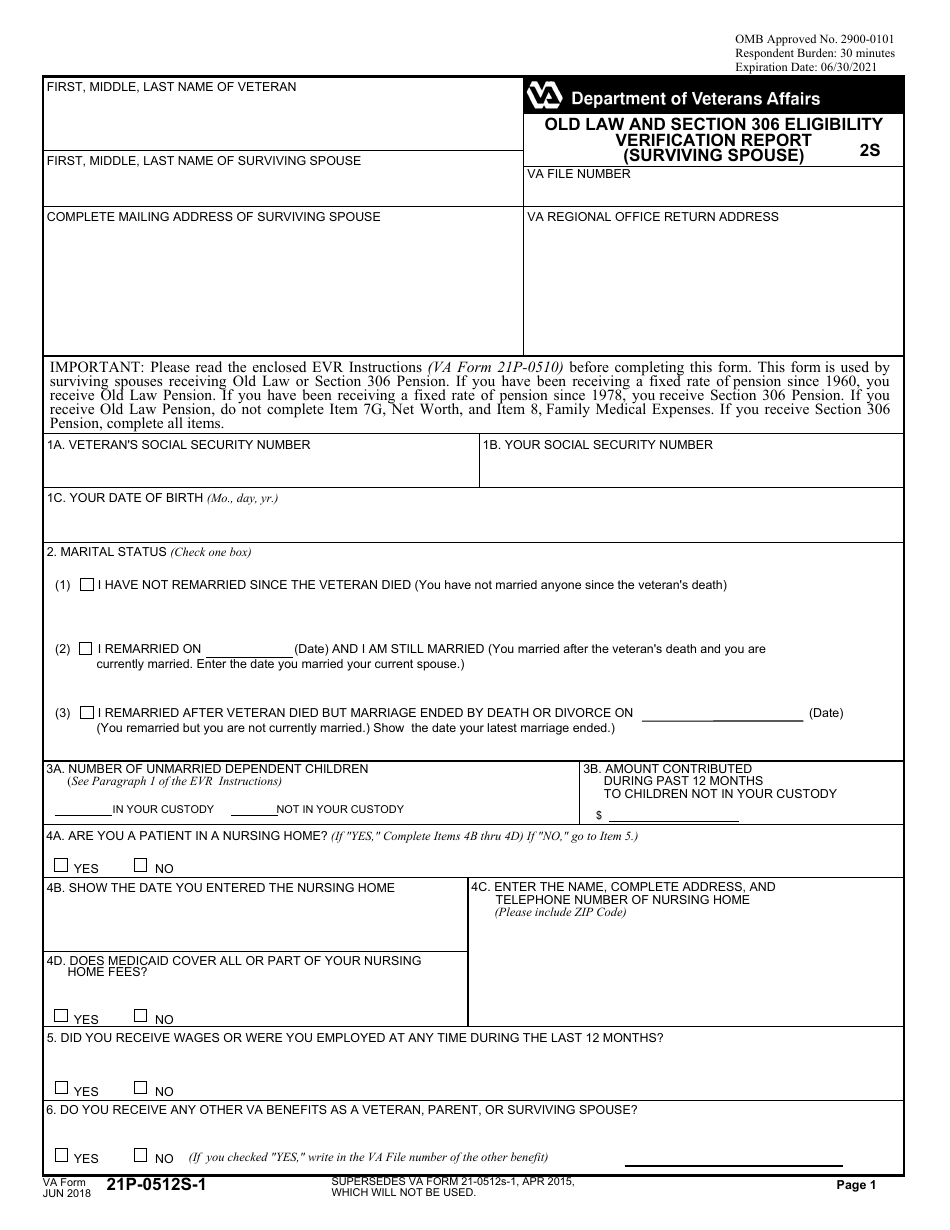VA Form 21P-0512S-1 Old Law and Section 306 Eligibility Verification Report (Surviving Spouse), Page 1