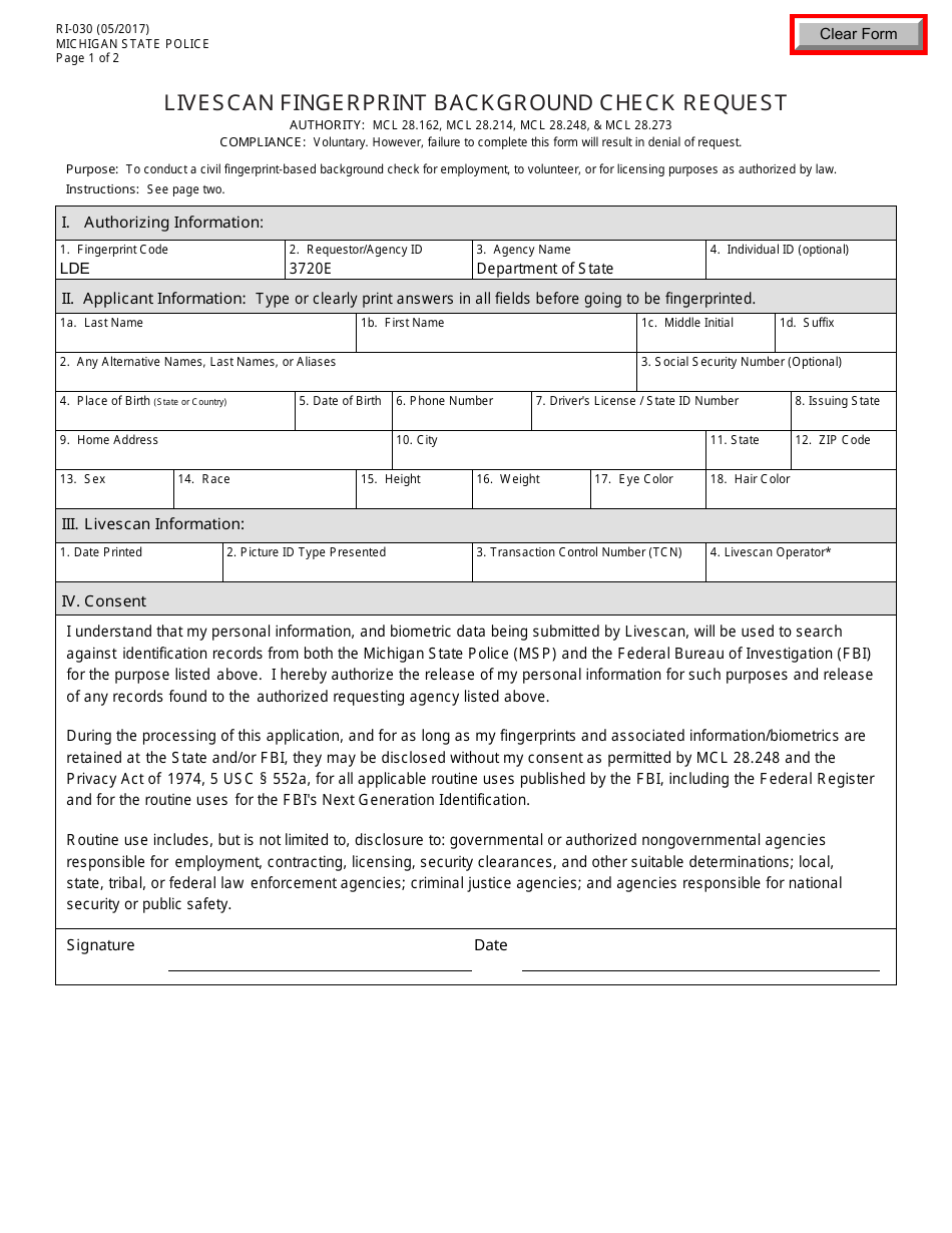 Form RI-030 Livescan Fingerprint Background Check Request - Michigan, Page 1