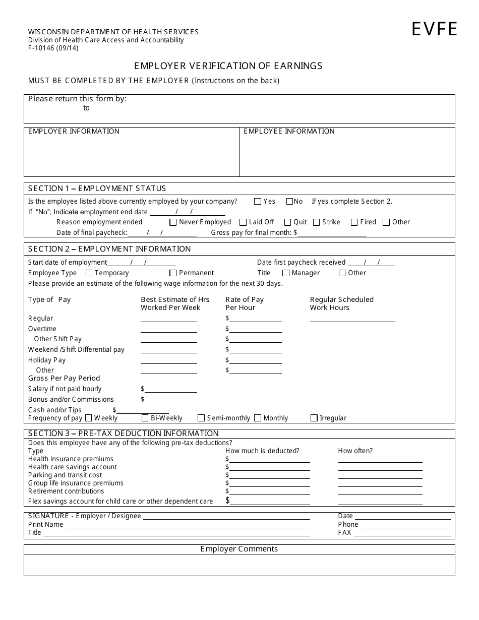 Form F-10146 Employer Verification of Earnings - Wisconsin, Page 1