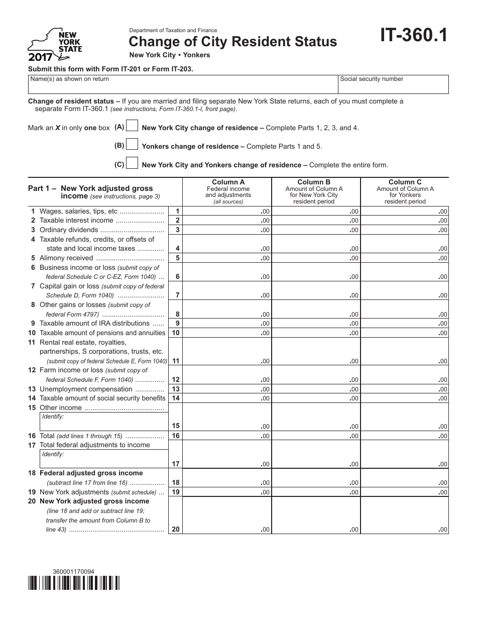 Form IT-360.1 Change of City Resident Status - New York, Page 1