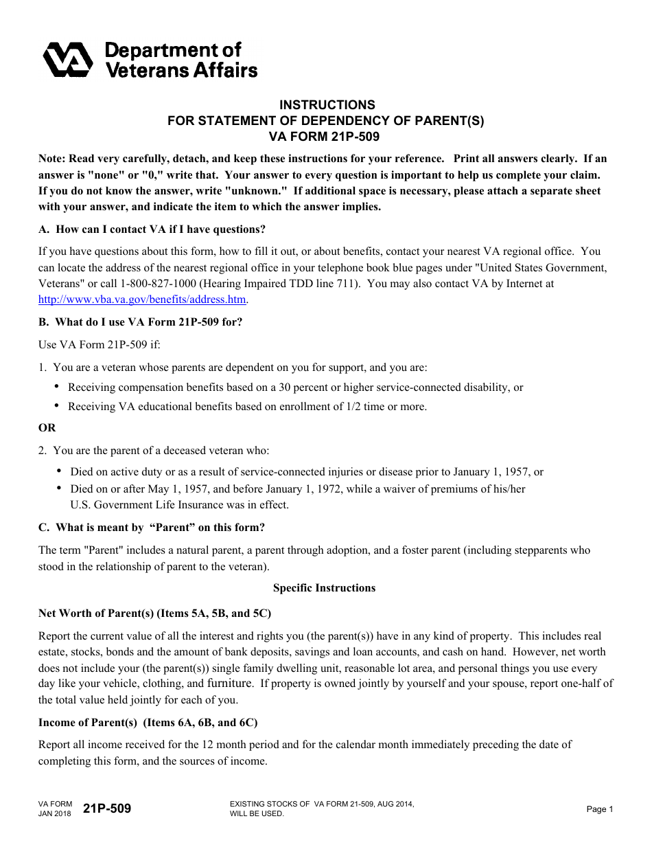VA Form 21P-509 Statement of Dependency of Parent(S), Page 1