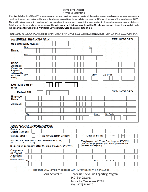 &quot;New Hire Reporting Form&quot; - Tennessee Download Pdf