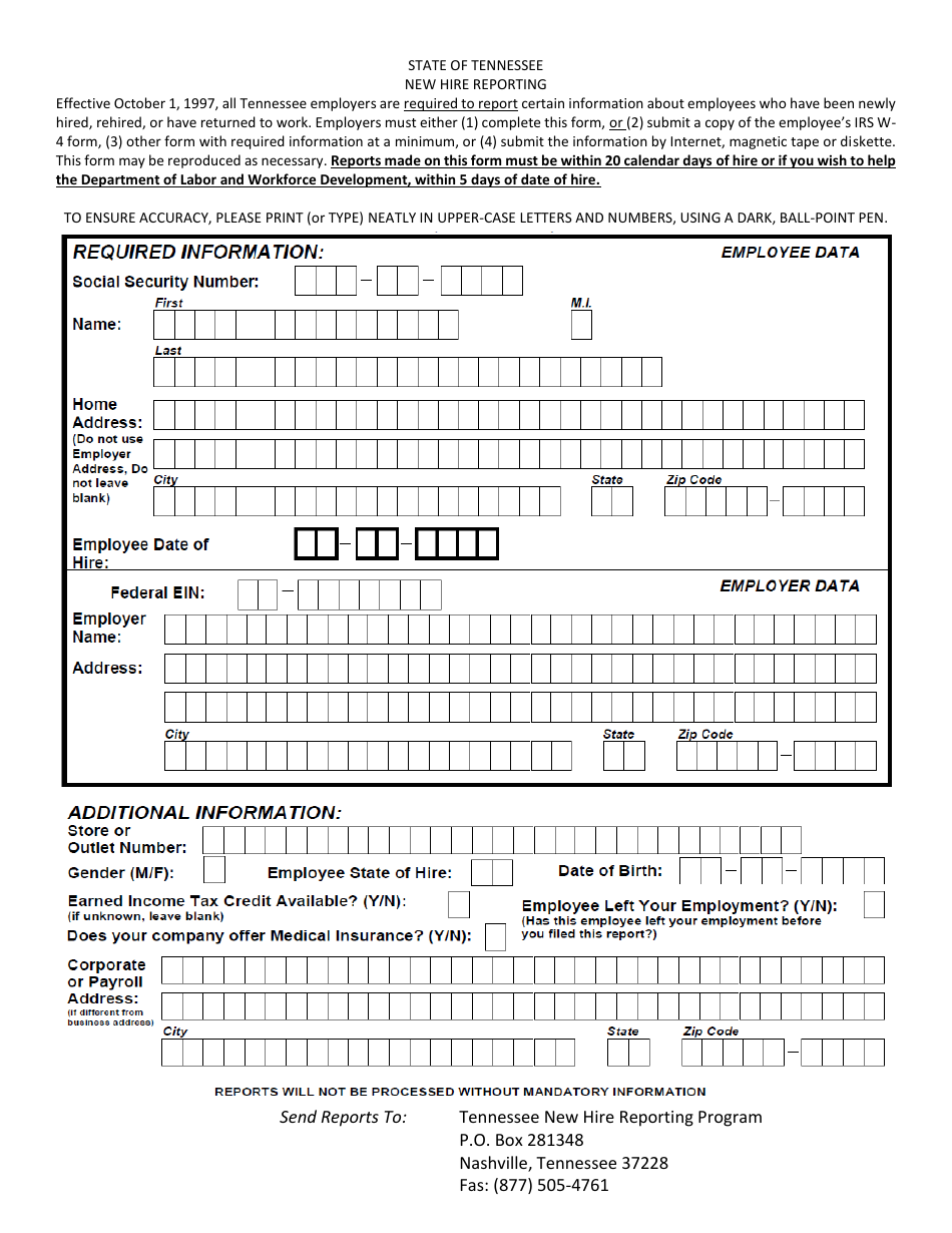 Tennessee New Hire Reporting Form - Fill Out, Sign Online and Download ...