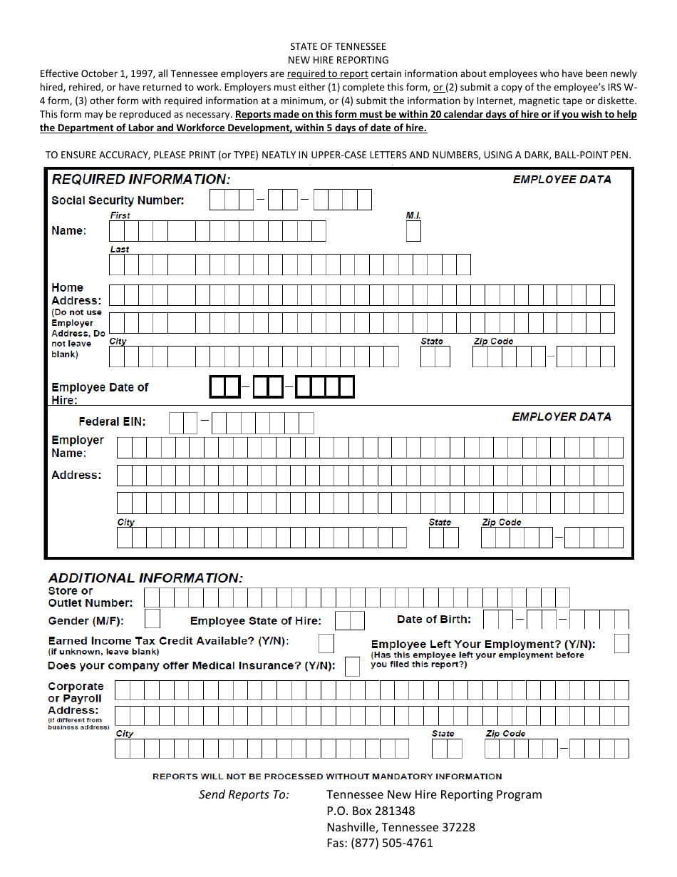 New Hire Reporting Form - Tennessee, Page 1