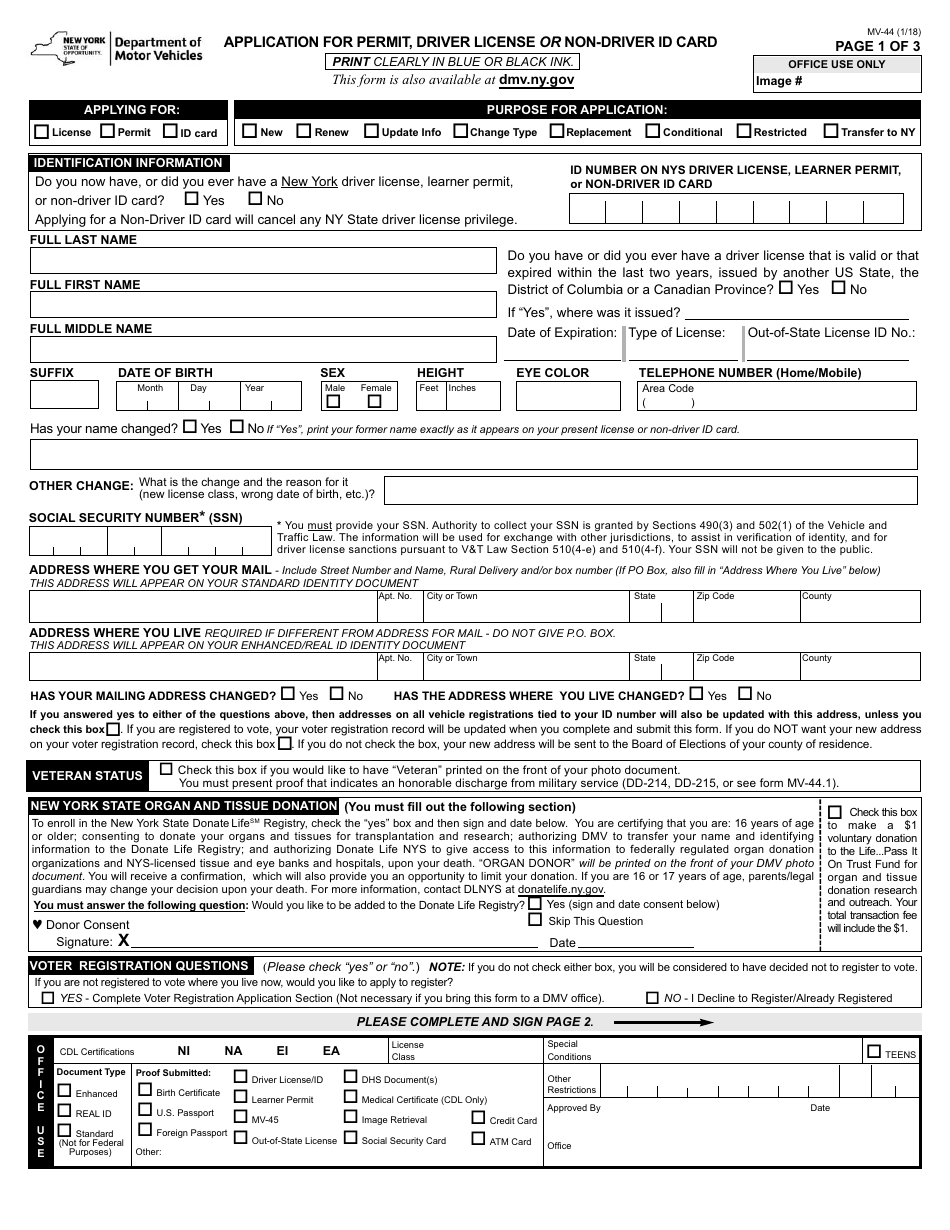 Form MV-44 Application for Permit, Driver License or Non-driver Id Card - New York, Page 1