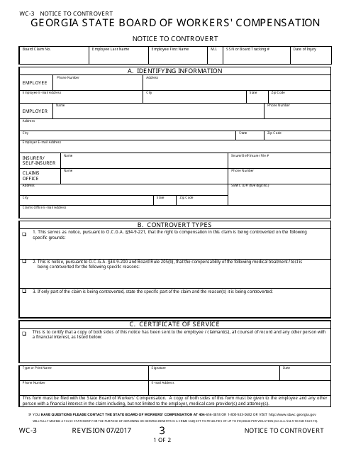 Form WC-3 Notice to Controvert - Georgia (United States)