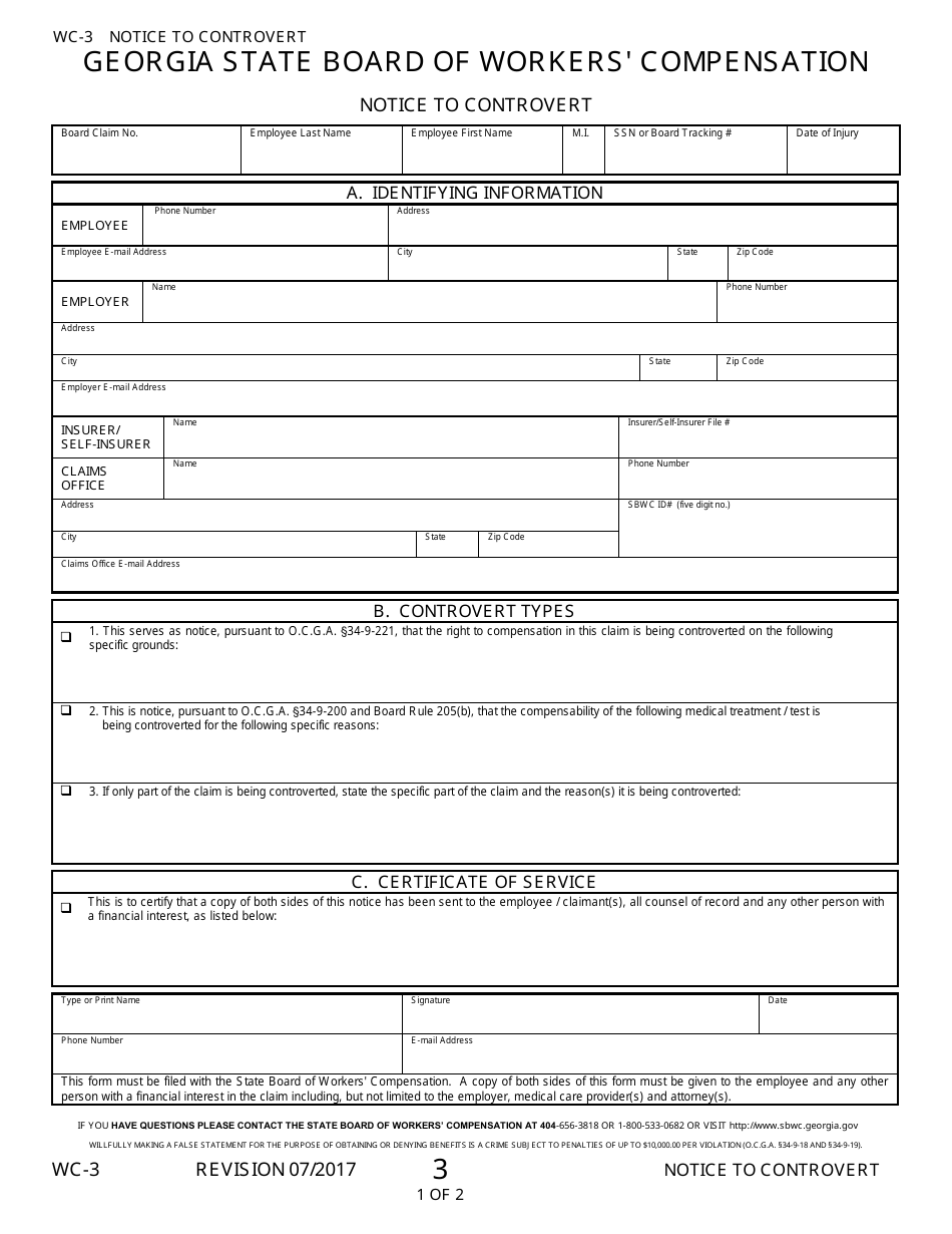 Form WC-3 Notice to Controvert - Georgia (United States), Page 1