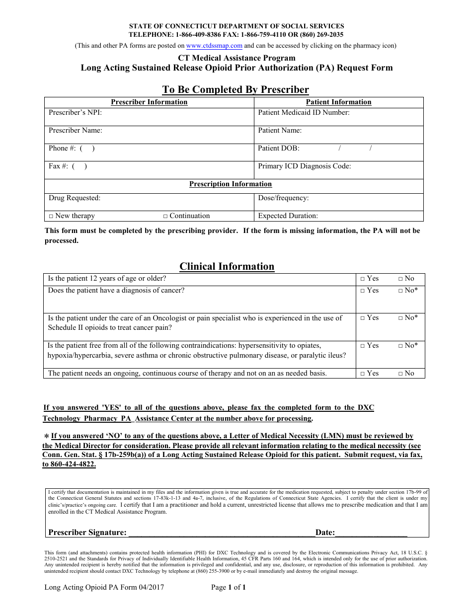 Long Acting Sustained Release Opioid Prior Authorization (Pa) Request Form - Ct Medical Assistance Program - Connecticut, Page 1