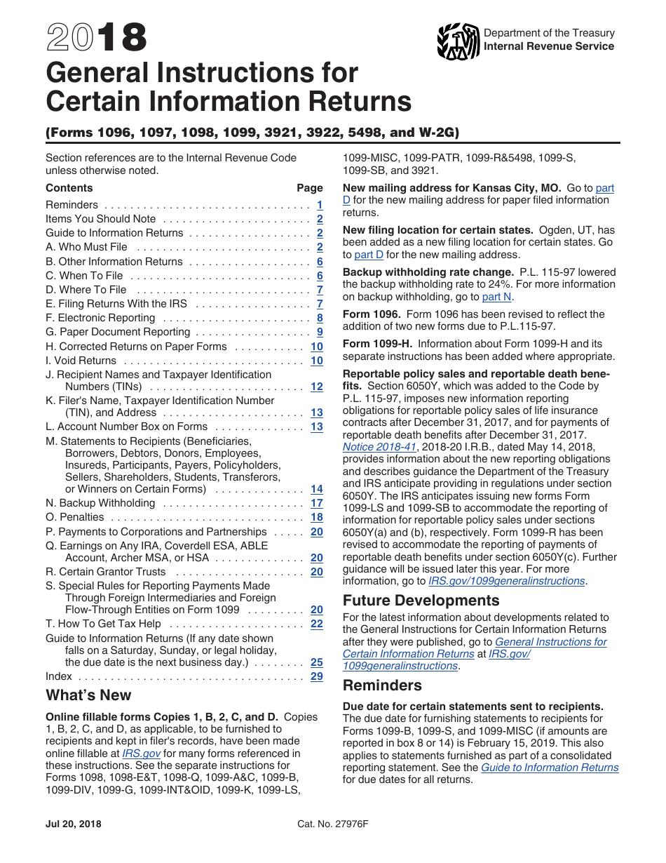 Instructions for IRS Form 1096, 1097, 1098, 1099, 3921, 3922, 5498, W-2G Certain Information Returns, Page 1