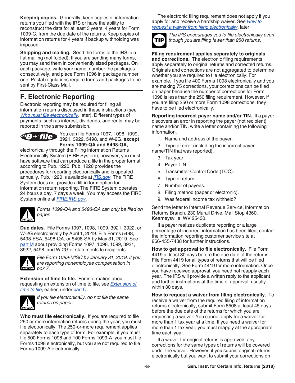 Instructions for IRS Form 1096, 1097, 1098, 1099, 3921, 3922, 5498, W-2G Certain Information Returns, Page 8