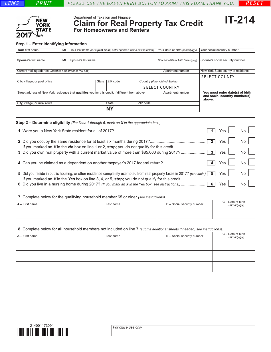Form IT-214 Claim for Real Property Tax Credit - New York, Page 1