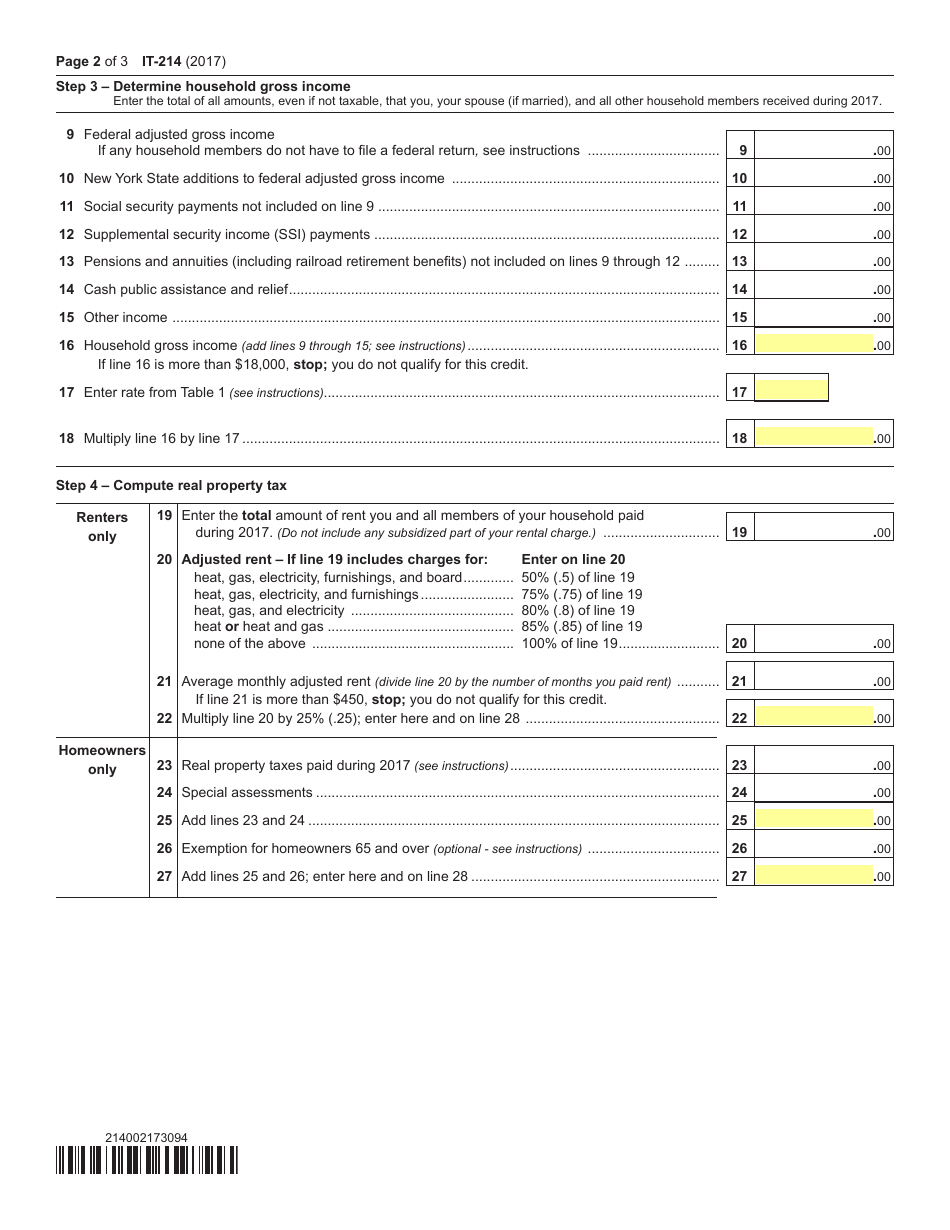 Form IT-214 Claim for Real Property Tax Credit - New York, Page 2