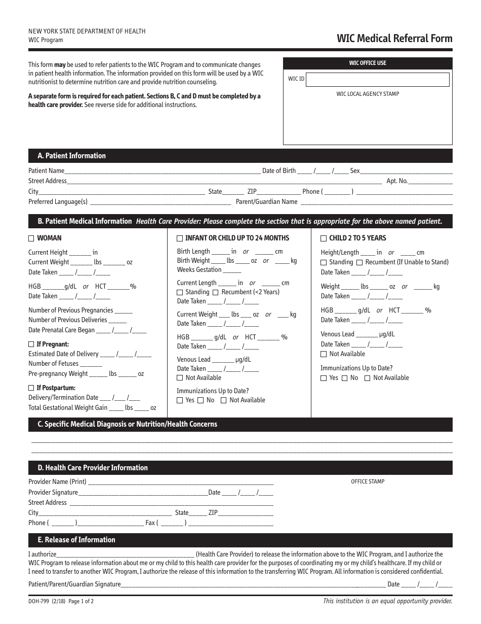 Form DOH-799 Wic Medical Referral Form - New York, Page 1
