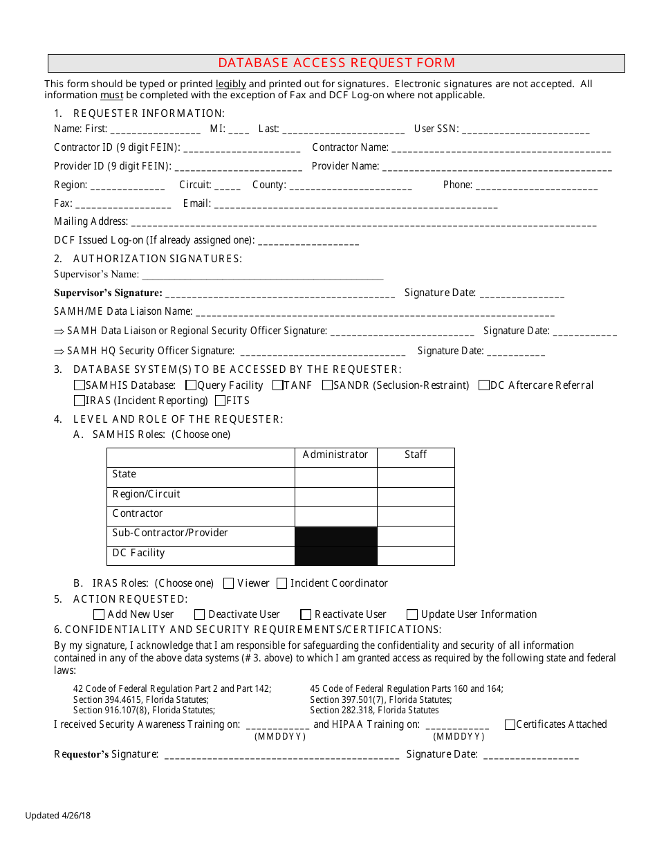 Database Access Request Form - Florida, Page 1