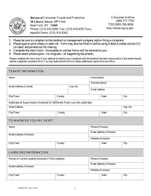 Form CFB001TH Tenant Harassment Prevention Task Force Complaint Form - New York