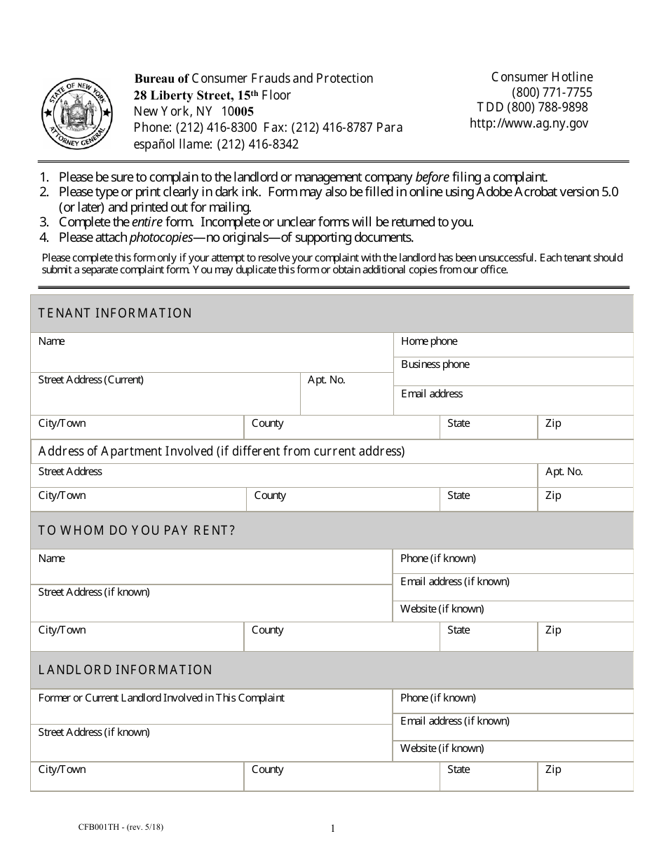 Form CFB001TH Tenant Harassment Prevention Task Force Complaint Form - New York, Page 1