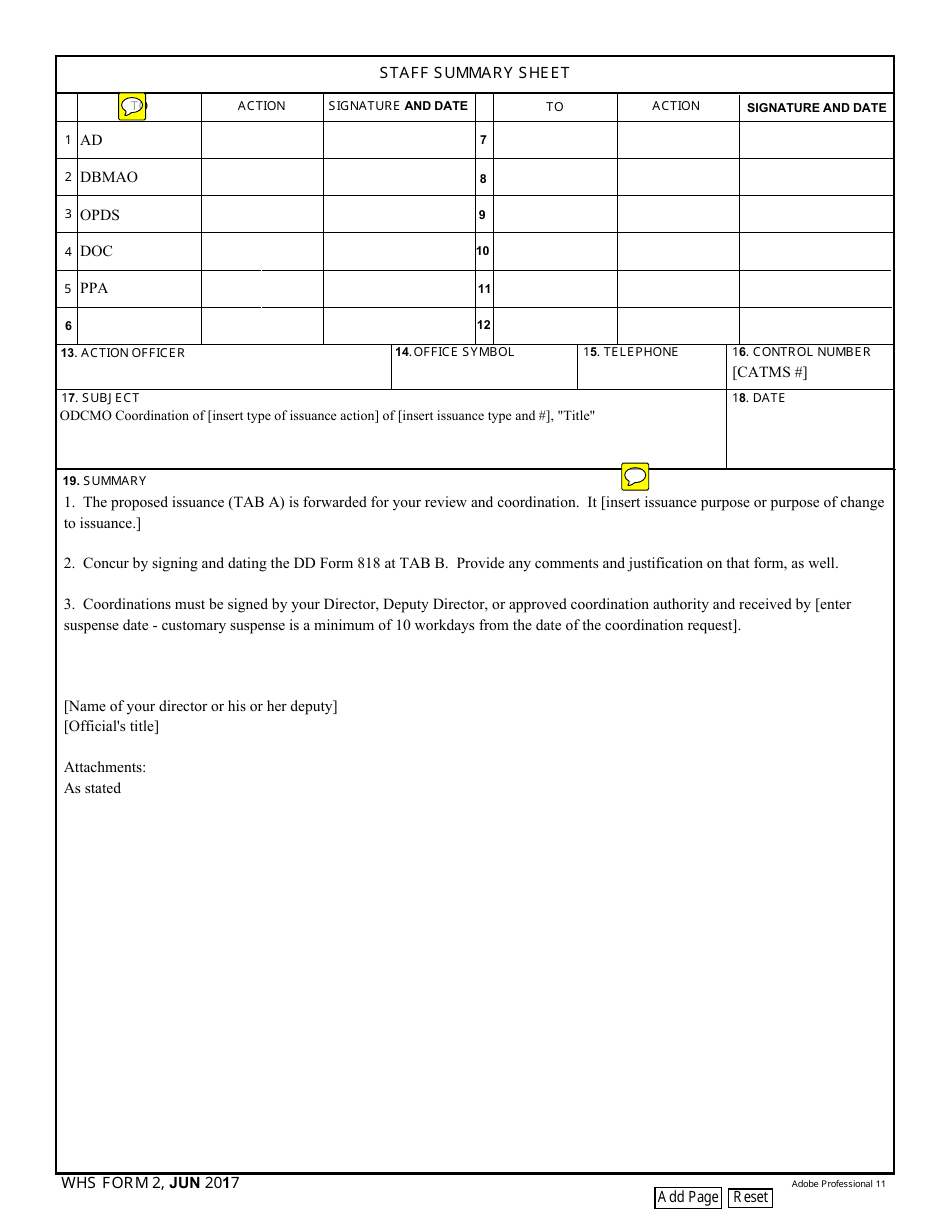 WHS Form 2 Staff Summary Sheet, Page 1