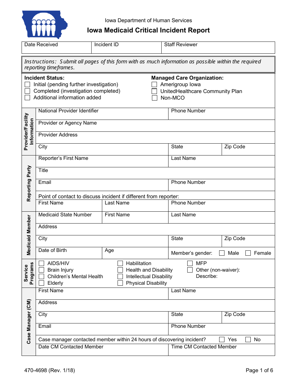 Form 470-4698 Iowa Medicaid Critical Incident Report - Iowa, Page 1