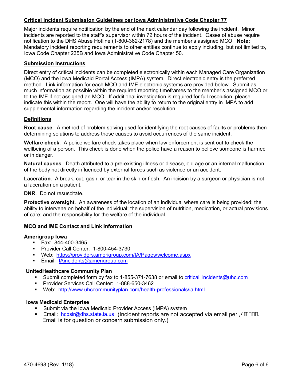 Form 470-4698 Iowa Medicaid Critical Incident Report - Iowa, Page 6