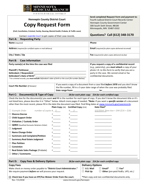 Court Document Copy Request Form - Hennepin County, Minnesota