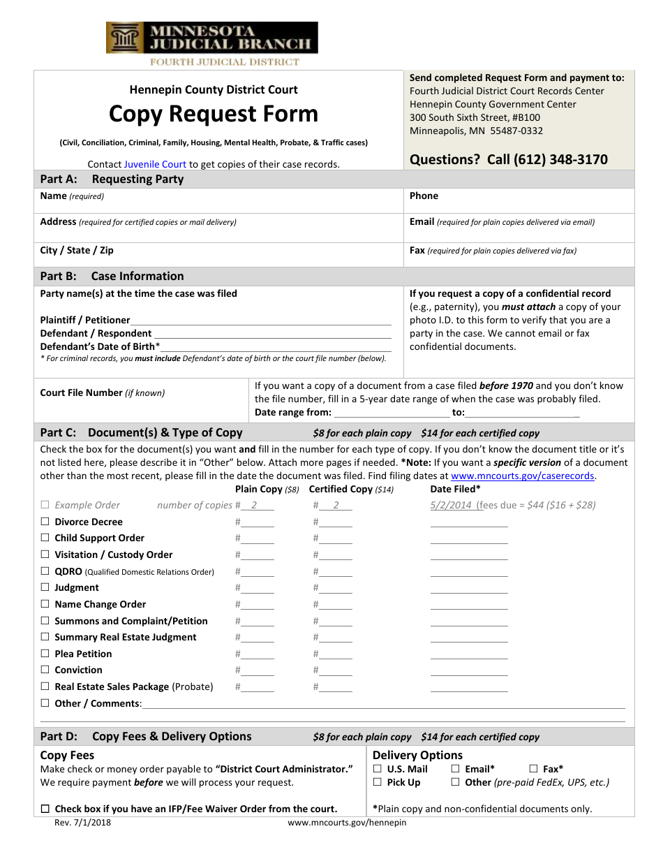 Court Document Copy Request Form - Hennepin County, Minnesota, Page 1