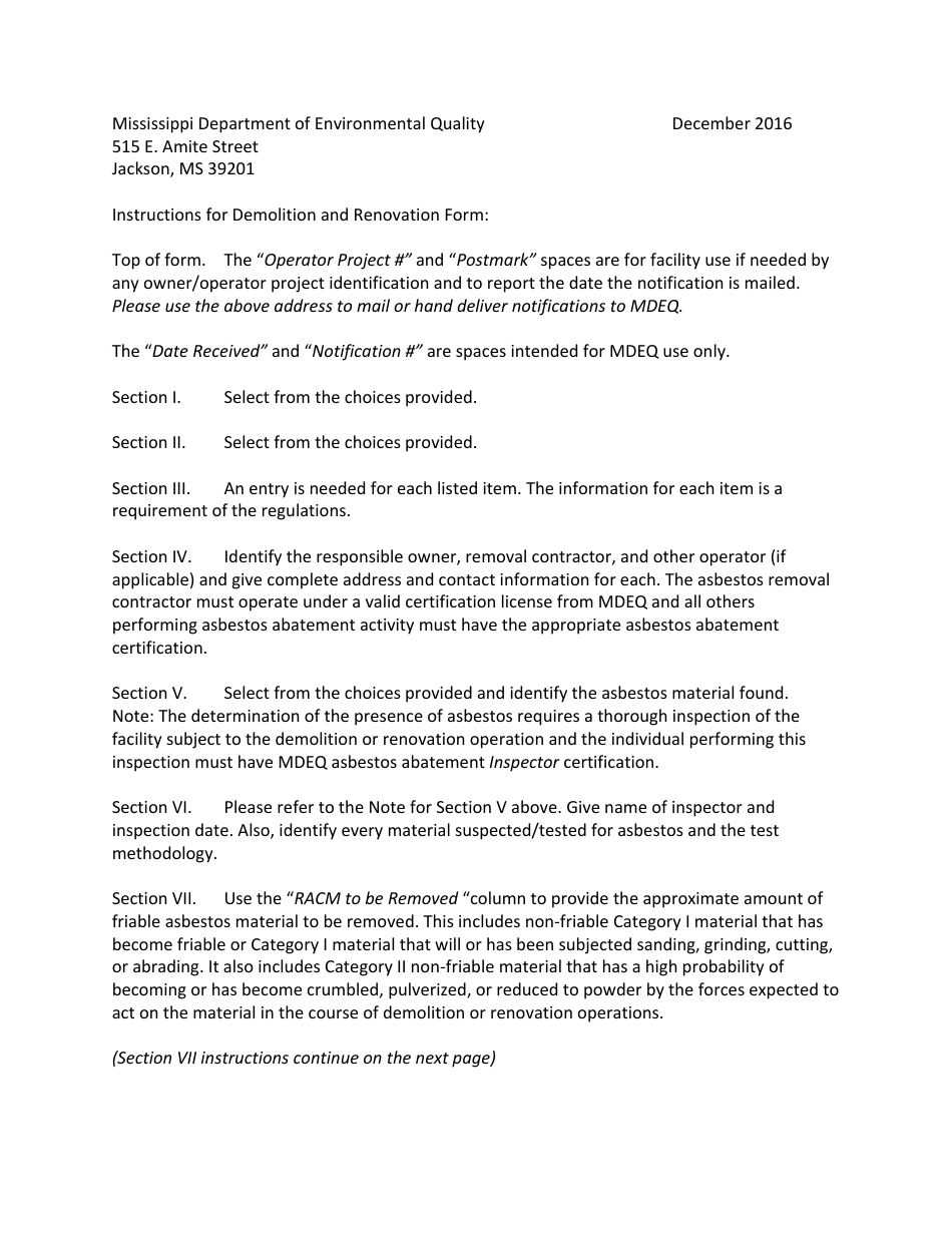 Mississippi Asbestos Demolition / Renovation Notification Form - Mississippi, Page 3