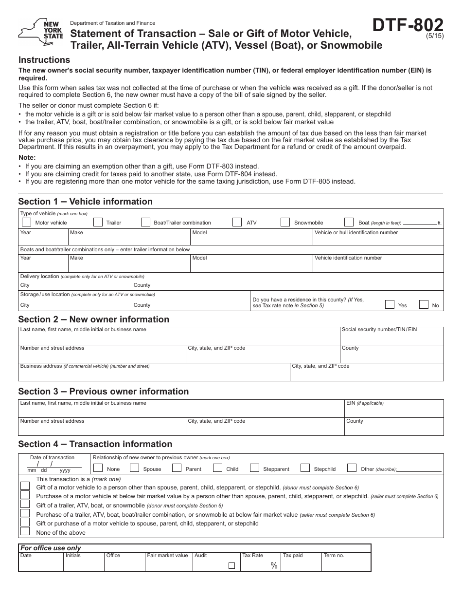Form DTF-802 Statement of Transaction - Sale or Gift of Motor Vehicle, Trailer, All-terrain Vehicle (Atv), Vessel (Boat), or Snowmobile - New York, Page 1