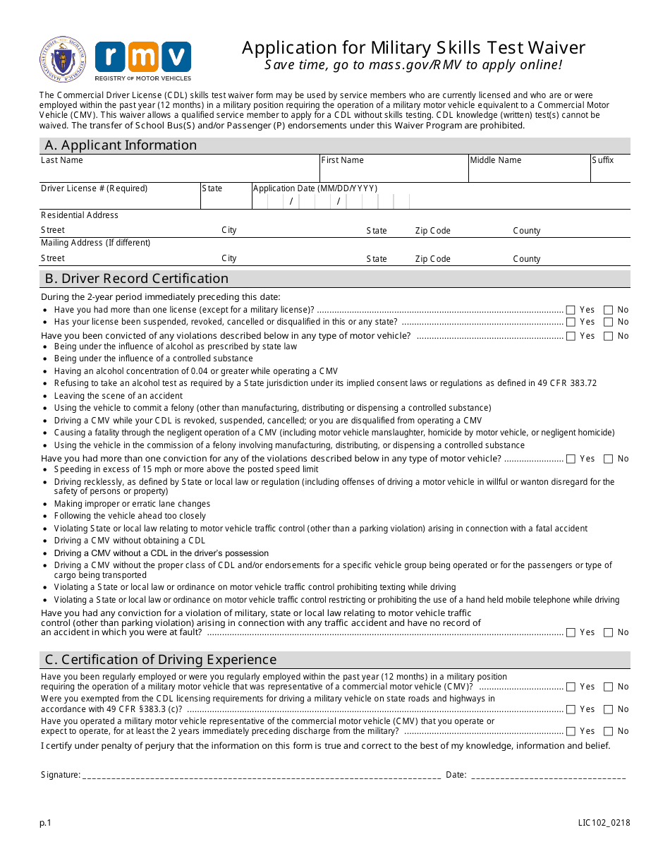 Form LIC102 Application for Military Skills Test Waiver - Massachusetts, Page 1