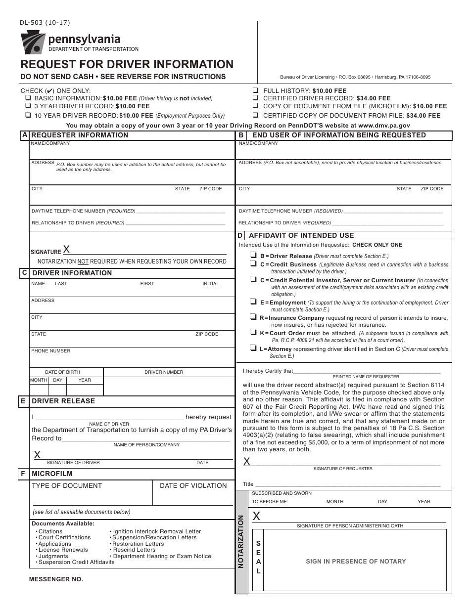 Form DL-503 Request for Driver Information - Pennsylvania, Page 1