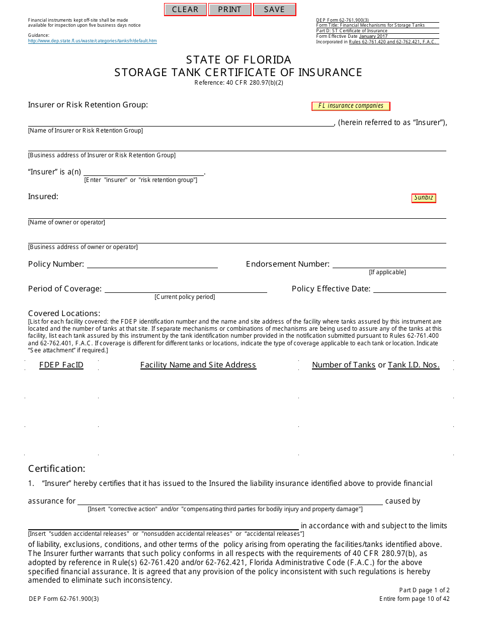 DEP Form 62-761.900(3) Storage Tank Certificate of Insurance - Florida, Page 1