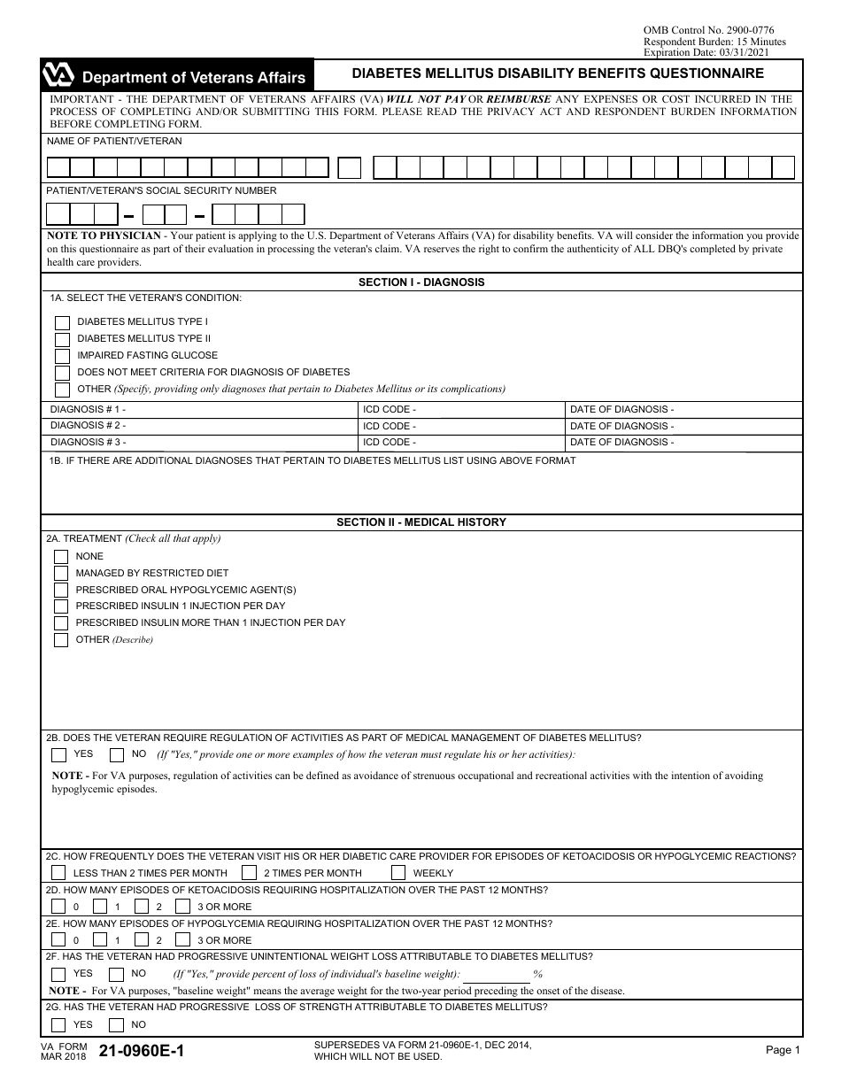 VA Form 21-0960E-1 Diabetes Mellitus Disability Benefits Questionnaire, Page 1
