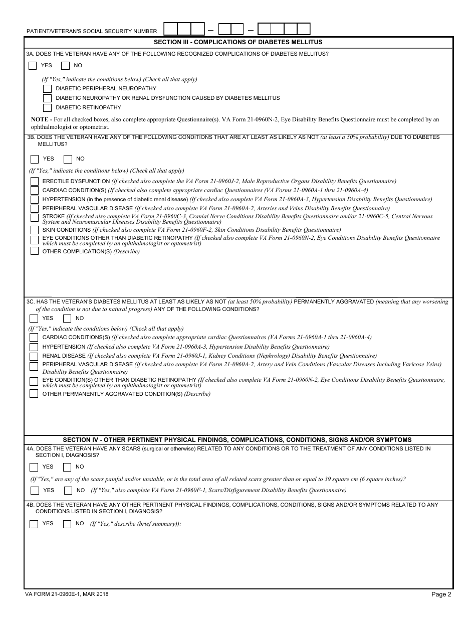VA Form 21-0960E-1 Diabetes Mellitus Disability Benefits Questionnaire, Page 2