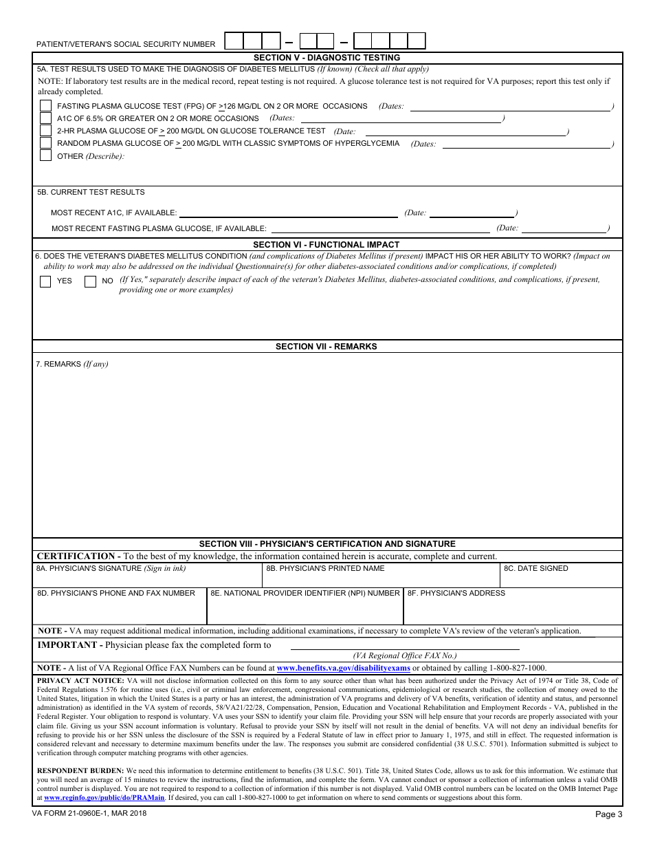 VA Form 21-0960E-1 Diabetes Mellitus Disability Benefits Questionnaire, Page 3