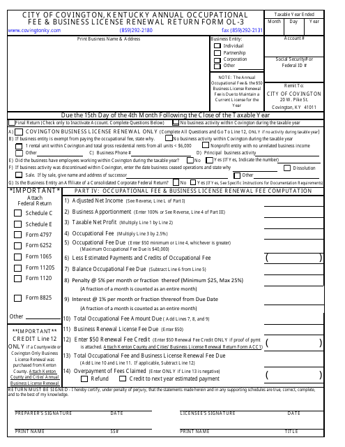Form OL-3 Annual Occupational Fee & Business License Renewal Return Form - City of Covington, Kentucky