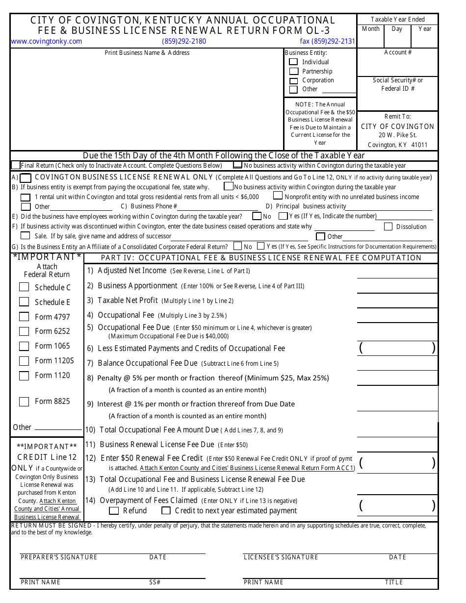 Form OL-3 Annual Occupational Fee  Business License Renewal Return Form - City of Covington, Kentucky, Page 1