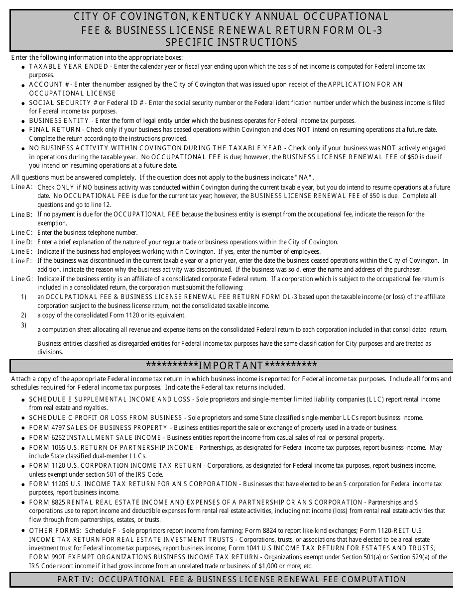 Form OL-3 Annual Occupational Fee  Business License Renewal Return Form - City of Covington, Kentucky, Page 4