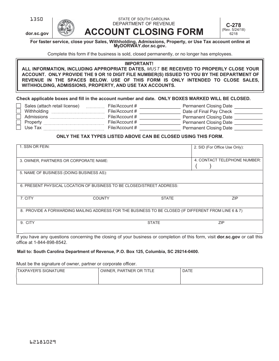 Form C-278 Account Closing Form - South Carolina, Page 1
