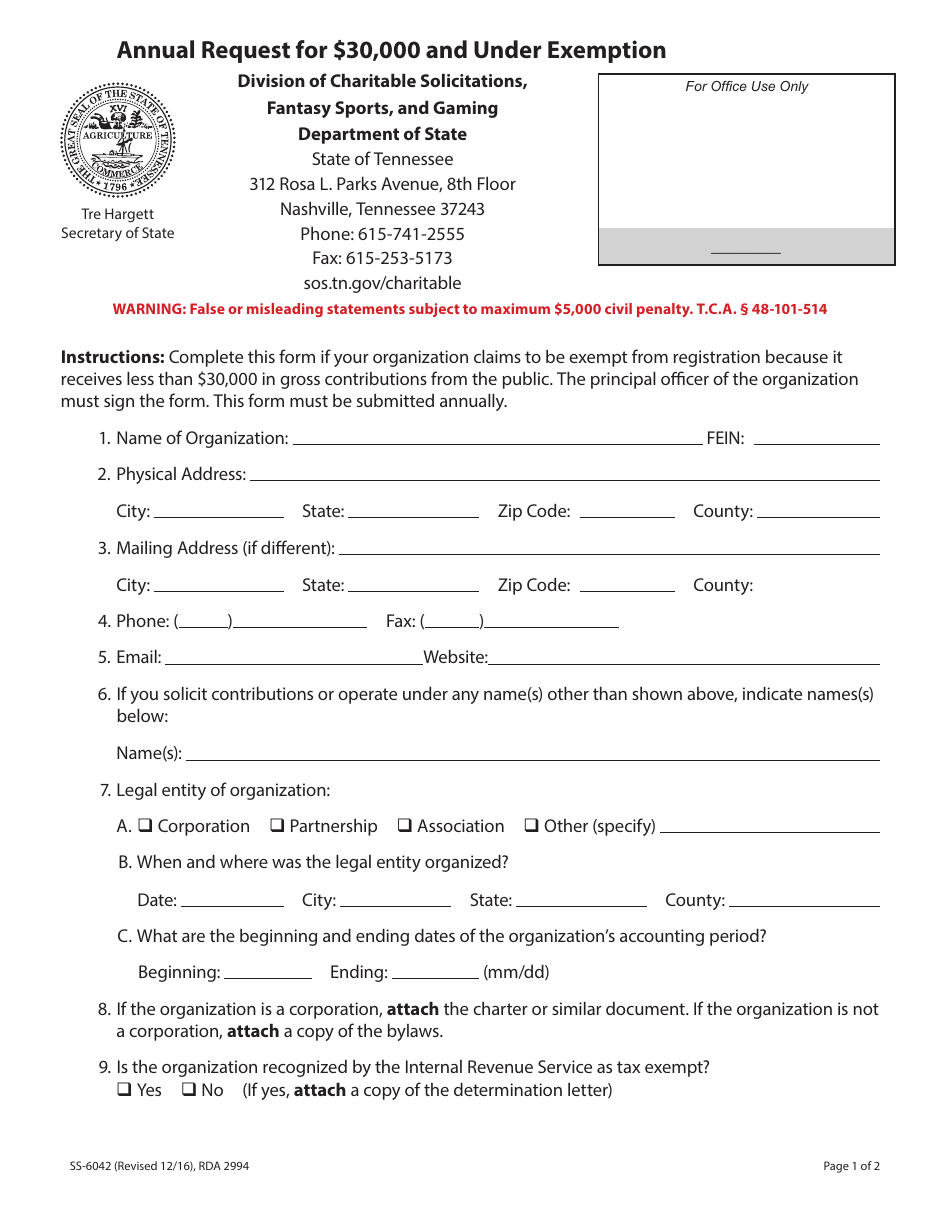 Form SS-6042 Annual Request for $30,000 and Under Exemption - Tennessee, Page 1