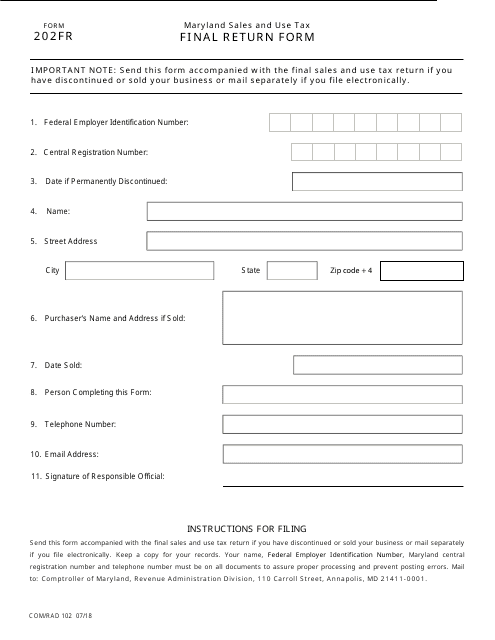 Form 202FR Maryland Sales and Use Tax Final Return Form - Maryland