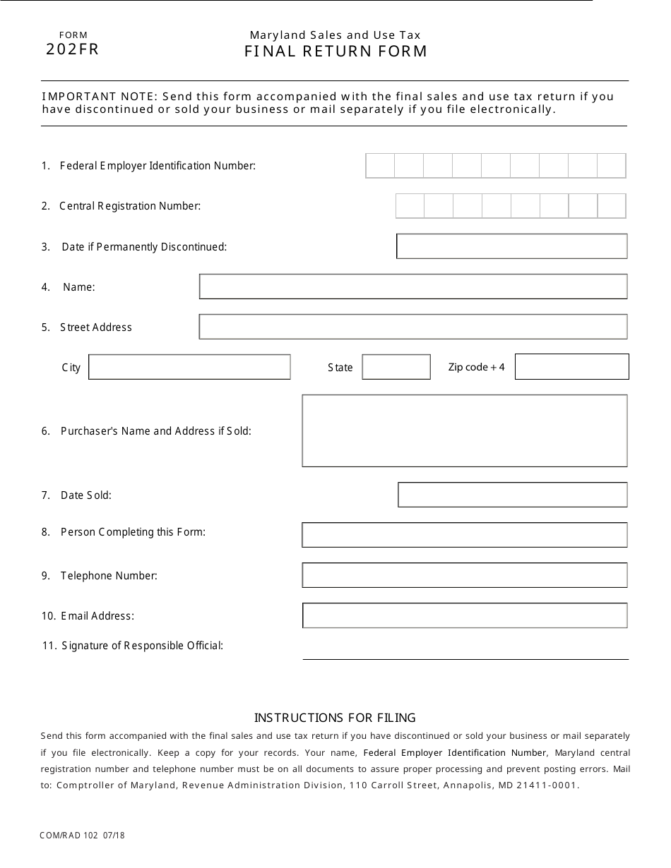 Form 202FR Maryland Sales and Use Tax Final Return Form - Maryland, Page 1