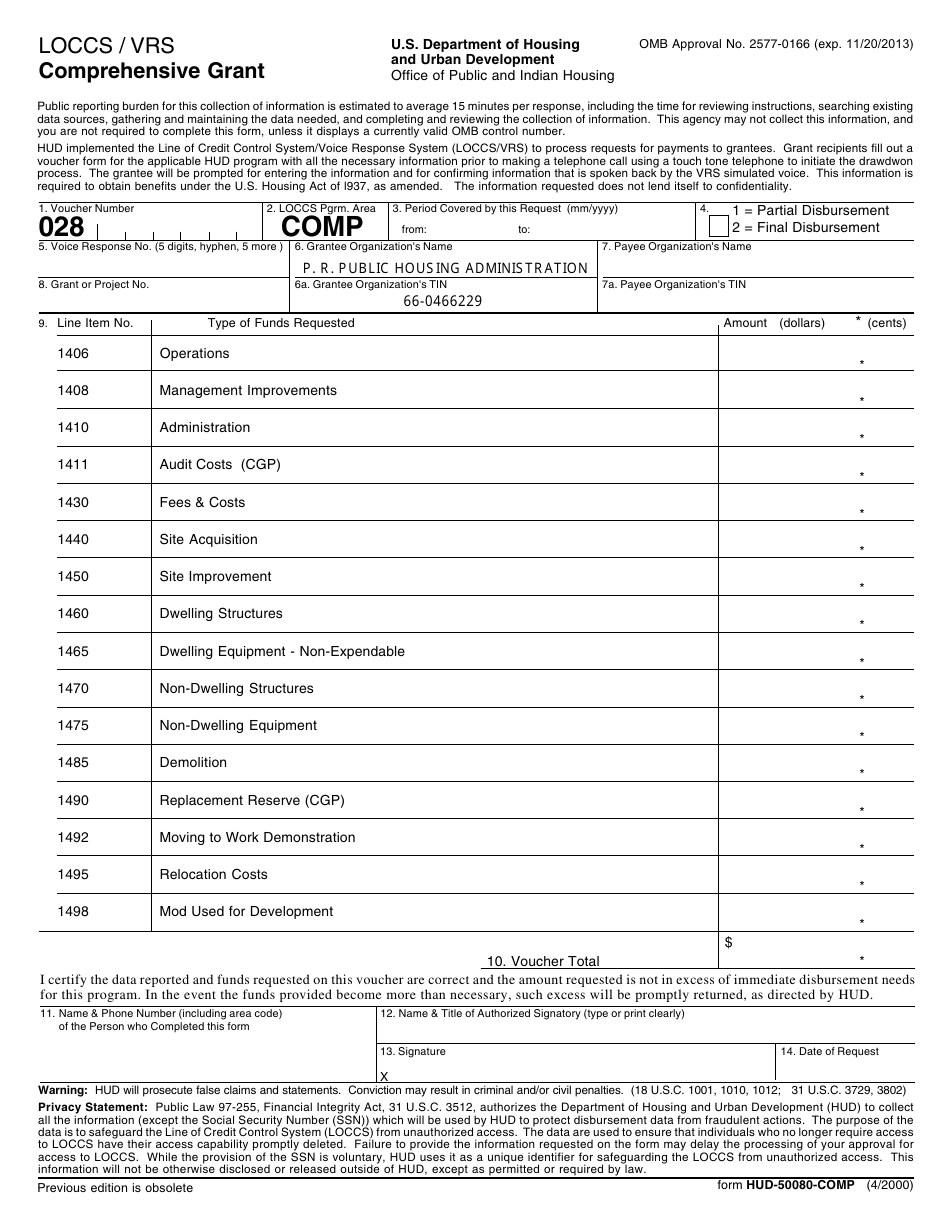 Form HUD-50080-COMP Loccs / Vrs Comprehensive Grant, Page 1