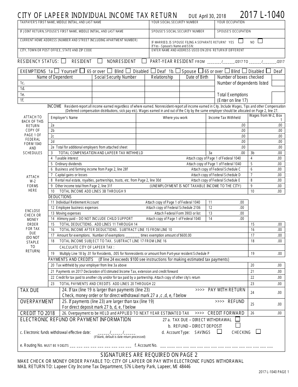 Form L-1040 Individual Income Tax Return - CITY OF LAPEER, Michigan, Page 1