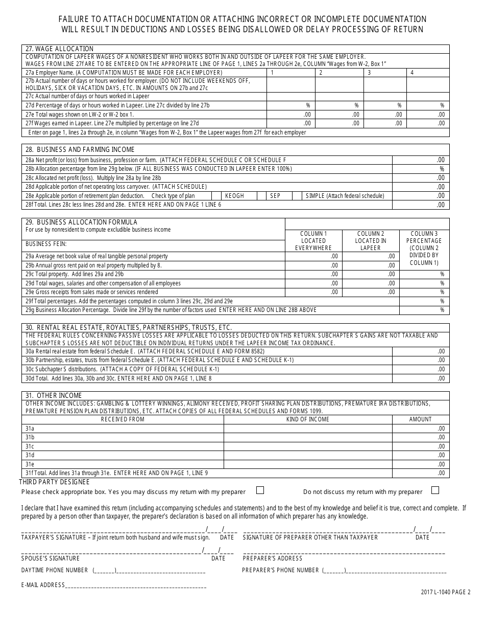 Form L-1040 Individual Income Tax Return - CITY OF LAPEER, Michigan, Page 2