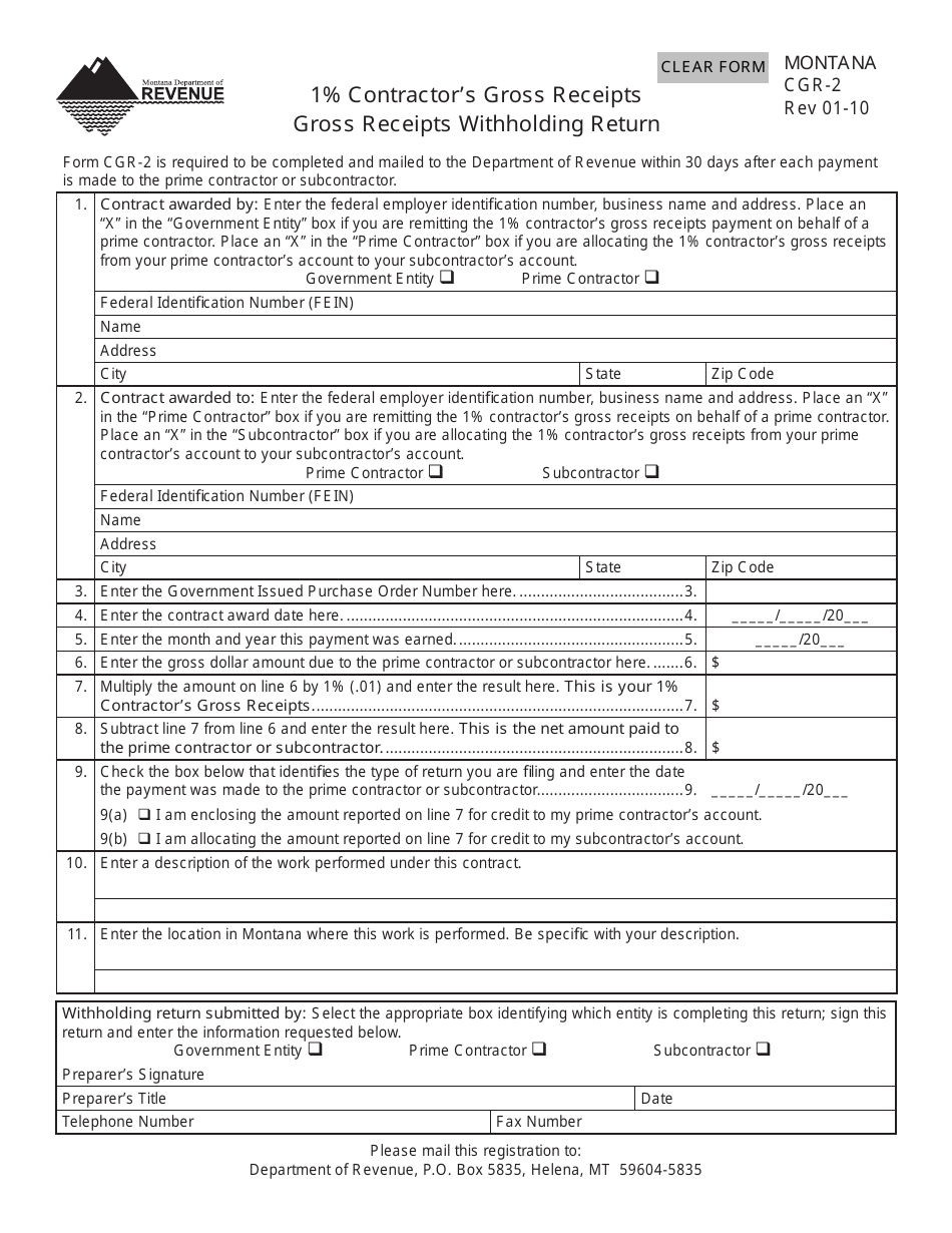 Form CGR-2 1% Contractors Gross Receipts Gross Receipts Withholding Return - Montana, Page 1