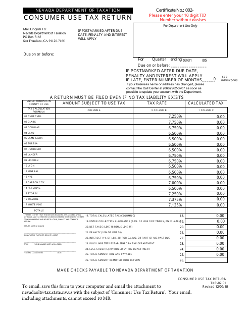 Form TXR-02.01 Download Fillable PDF or Fill Online Consumer Use Tax Return Nevada | Templateroller