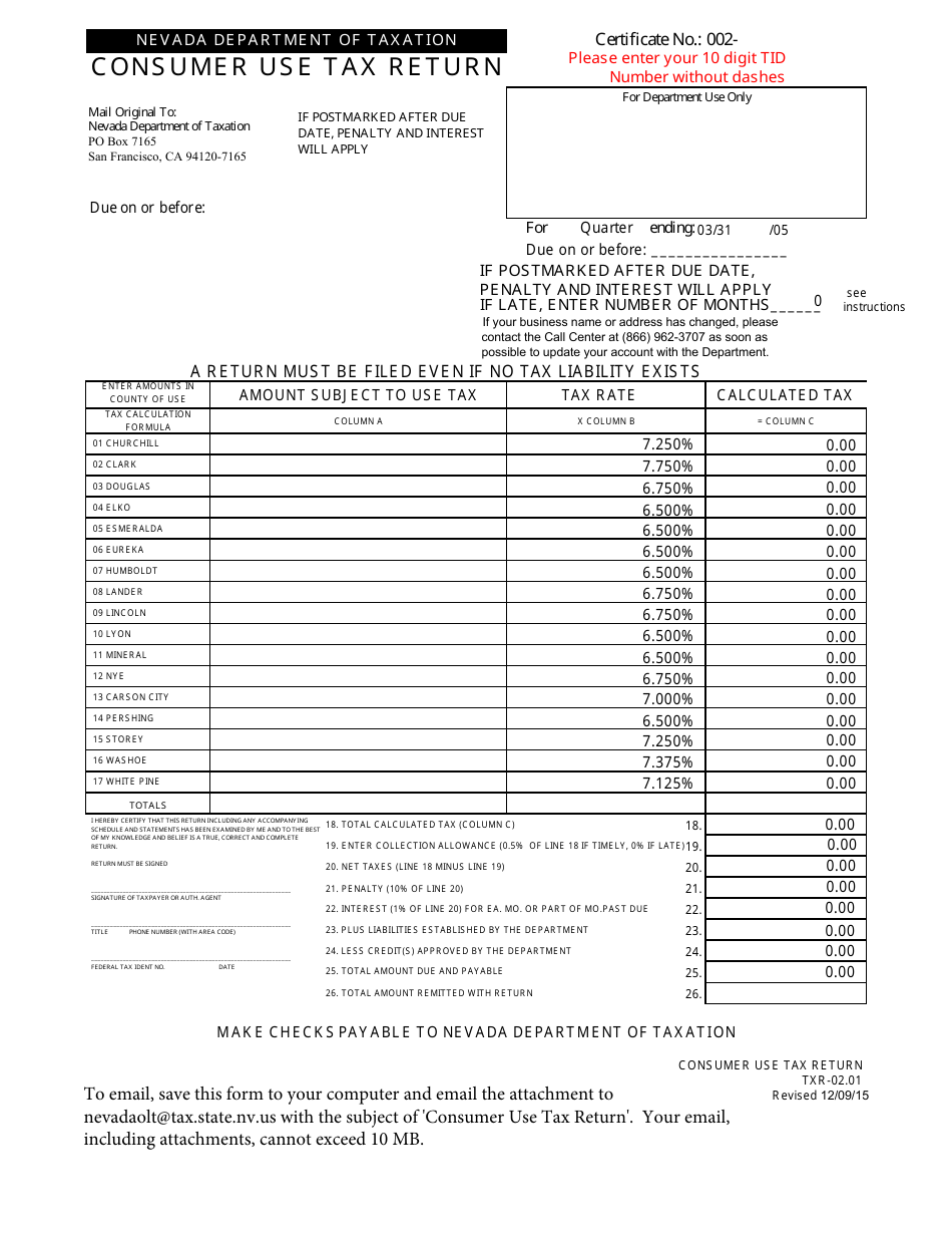 Form TXR-02.01 Consumer Use Tax Return - Nevada, Page 1