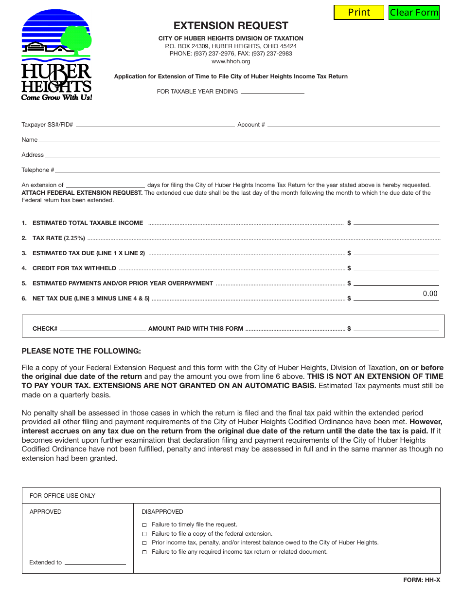Form HH-X Extension Request - City of Huber Heights, Ohio, Page 1